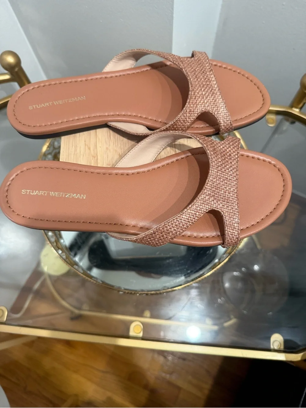Stuart Weitzman Rose-Tan Textured Slip-On Sandals